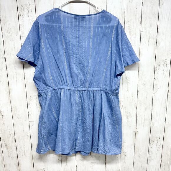 Lane Bryant Blouse Womens Plus Sz 16 Blue/Silver Stripe V-neck Top Short Sleeve - Picture 5 of 5